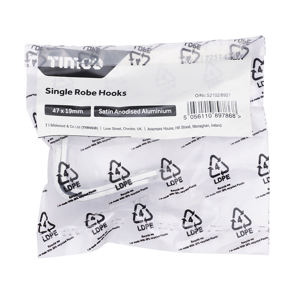TIMCO Single Robe Hook - Satin Anodised Aluminium - 47 x 19 - Image