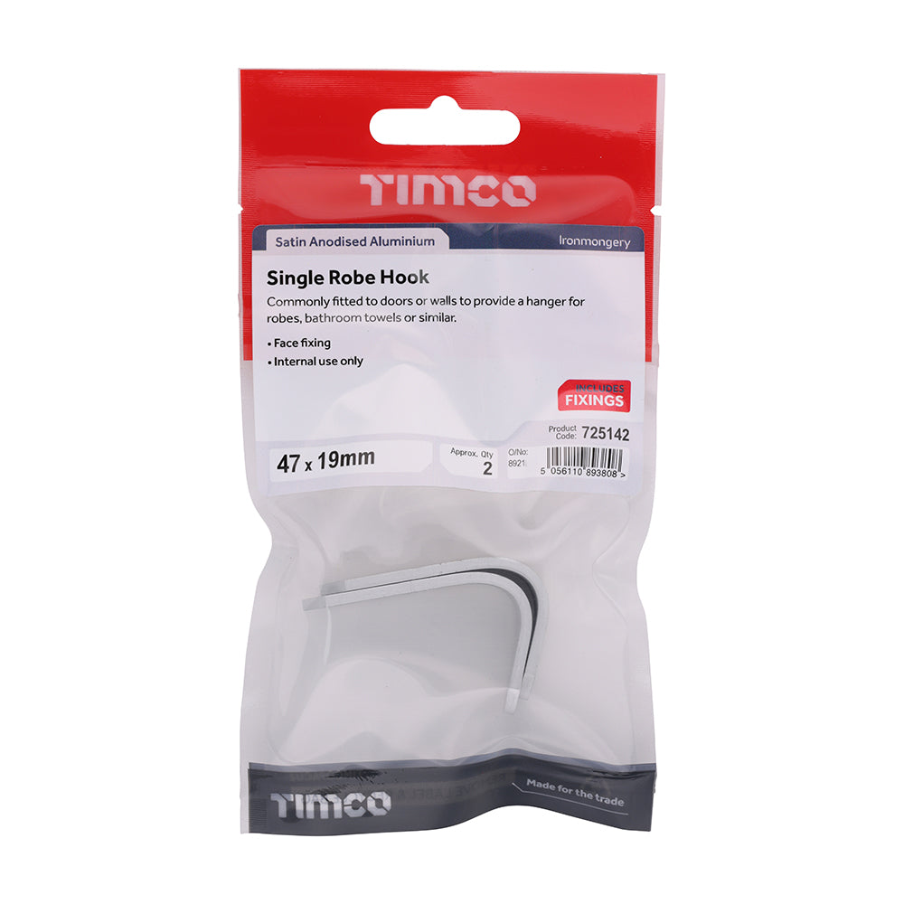 TIMCO Single Robe Hook - Satin Anodised Aluminium - 47 x 19 - Image