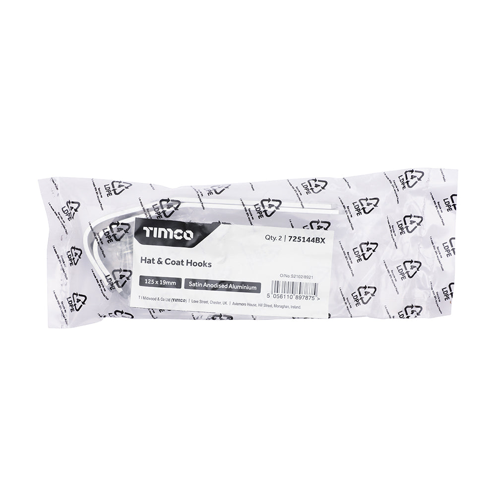 TIMCO Hat & Coat Hooks - Satin Anodised Aluminium - 125 x 19 - Image