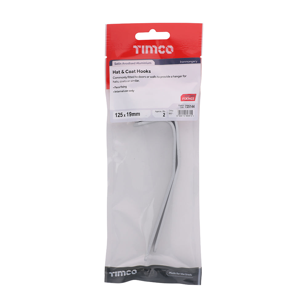 TIMCO Hat & Coat Hooks - Satin Anodised Aluminium - 125 x 19 - Image