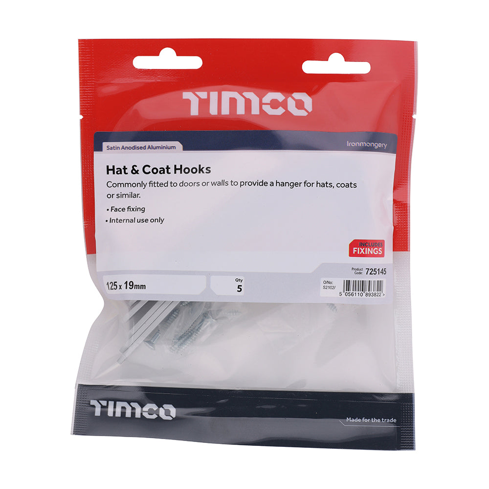 TIMCO Hat & Coat Hooks - Satin Anodised Aluminium - 125 x 19 - Image