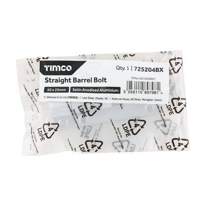 TIMCO Straight Barrel Bolt - Satin Aluminum - 50 x 25 - Image