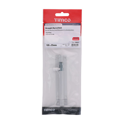 TIMCO Straight Barrel Bolt - Satin Aluminium - 100 x 25 - Image