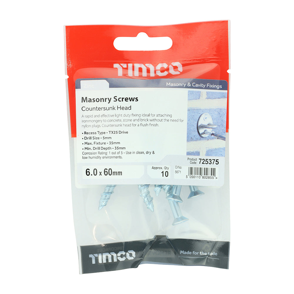 TIMCO Masonry Screws Countersunk Silver - 6.0 x 60 - Image