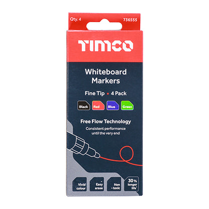 TIMCO Whiteboard Markers Fine Tip Mixed Colours - Fine Tip Four Pack - Image