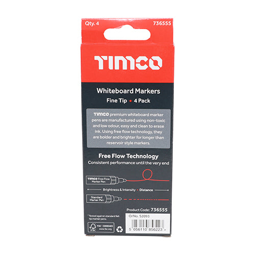 TIMCO Whiteboard Markers Fine Tip Mixed Colours - Fine Tip Four Pack - Image