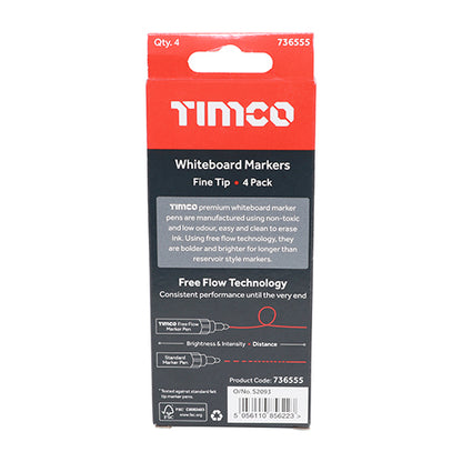 TIMCO Whiteboard Markers Fine Tip Mixed Colours - Fine Tip Four Pack - Image