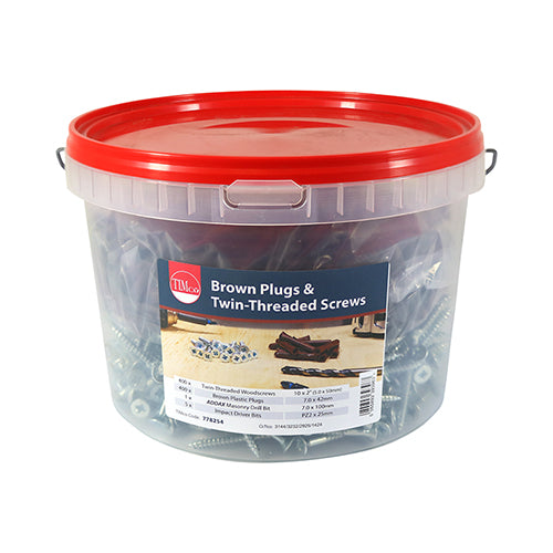 TIMCO Brown Premium Plastic Plugs With Twin-Threaded Countersunk Silver Woodscrews - 42mm