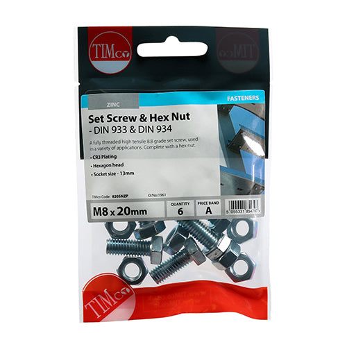 TIMCO Set Screws DIN933 Grade 8.8 & Hex Nut DIN934 Silver - M8 x 20 - Image