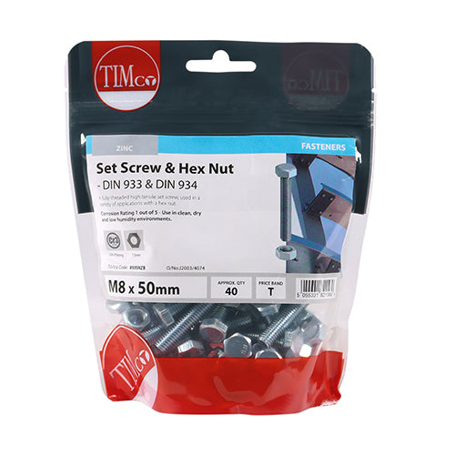 TIMCO Set Screws DIN933 Grade 8.8 & Hex Nut DIN934 Silver - M8 x 50 - Image