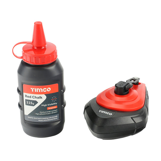 TIMCO Chalk Line Set, Builders String Line, Surveyors Marker, Red Powder - 30m / 100ft x 115g - Image