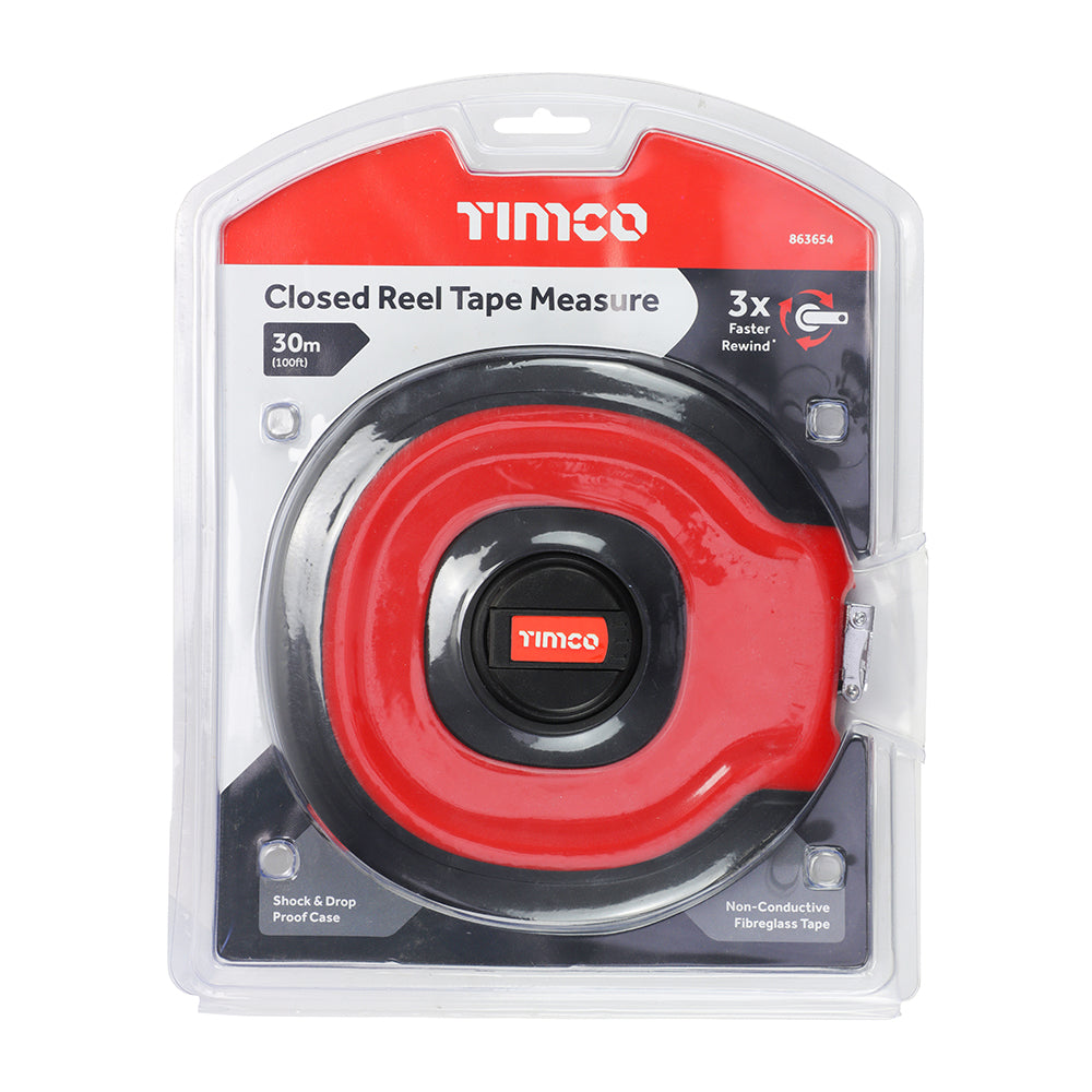 TIMCO Closed Reel Long Tape Measure, Surveyors Fibreglass - 30m / 100ft - Image