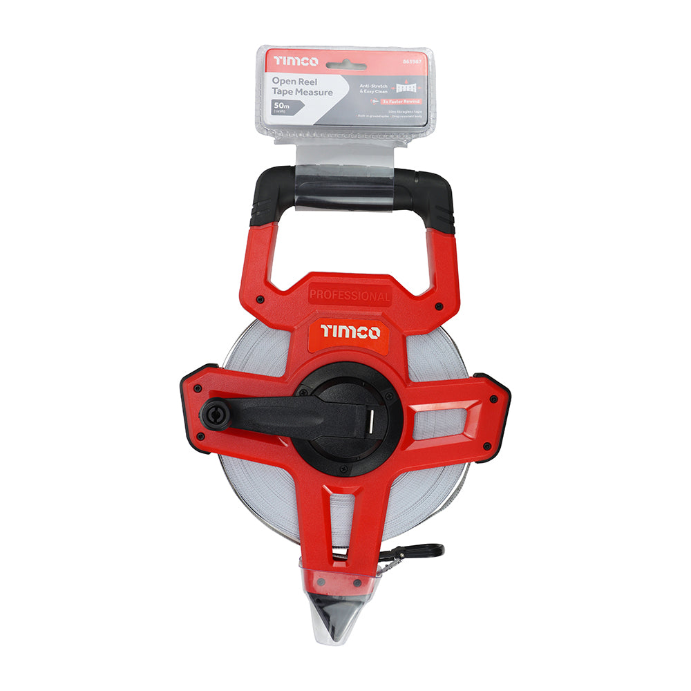 TIMCO Open Reel Long Tape Measure, Surveyors Fibreglass - 50m / 165ft - Image