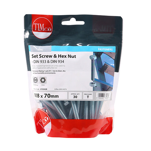 TIMCO Set Screws DIN933 Grade 8.8 & Hex Nut DIN934 Silver - M8 x 70 - Image