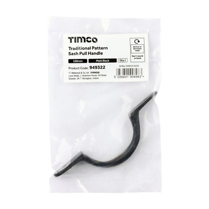 TIMCO Traditional Pattern Sash Pull Handle - Matt Black - 100mm - Image