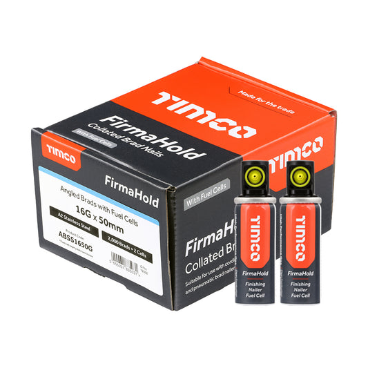 TIMCO FirmaHold Collated 16 Gauge Angled A2 Stainless Steel Brad Nails & Fuel Cells - 16 x 50/2BFC - Image