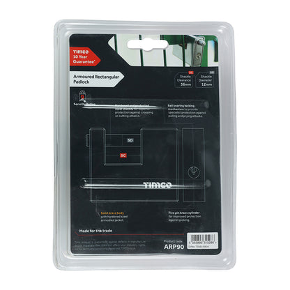 TIMCO Armoured Rectangular Padlock - 90mm - Image