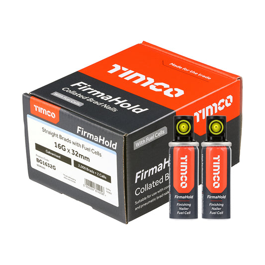 TIMCO FirmaHold Collated 16 Gauge Straight Galvanised Brad Nails & Fuel Cells - 16g x 32/2BFC - Image