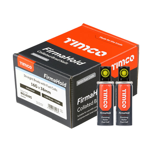 TIMCO FirmaHold Collated 16 Gauge Straight Galvanised Brad Nails & Fuel Cells - 16g x 38/2BFC - Image