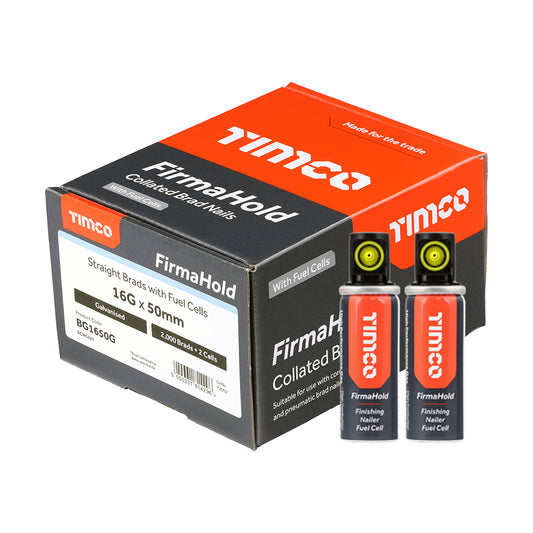 TIMCO FirmaHold Collated 16 Gauge Straight Galvanised Brad Nails & Fuel Cells - 16g x 50/2BFC - Image