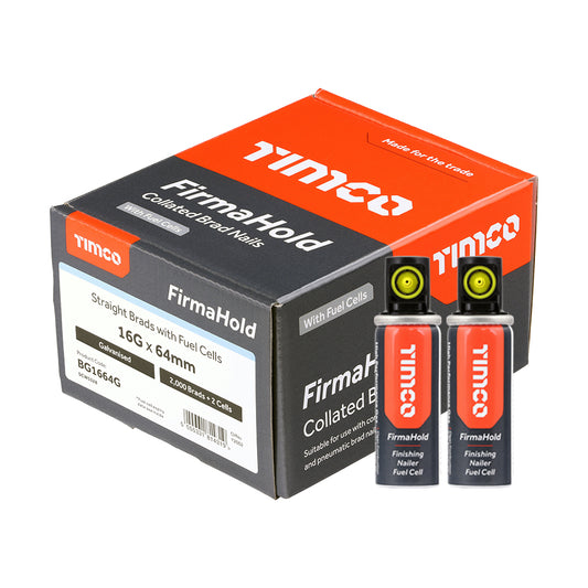 TIMCO FirmaHold Collated 16 Gauge Straight Galvanised Brad Nails & Fuel Cells - 16g x 64/2BFC - Image