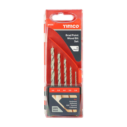 TIMCO Brad Point Drill Bit Set,Carpentry and Woodworking Drill Bit Set - 2.0 - 6.0 - 5 Pcs - Image