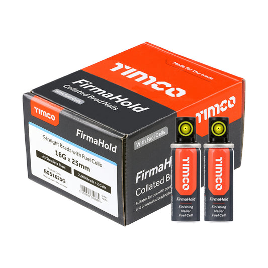 TIMCO FirmaHold Collated 16 Gauge Straight A2 Stainless Steel Brad Nails & Fuel Cells - 16g x 25/2BFC - Image