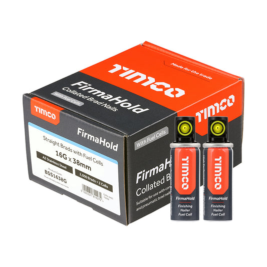TIMCO FirmaHold Collated 16 Gauge Straight A2 Stainless Steel Brad Nails & Fuel Cells - 16g x 38/2BFC - Image