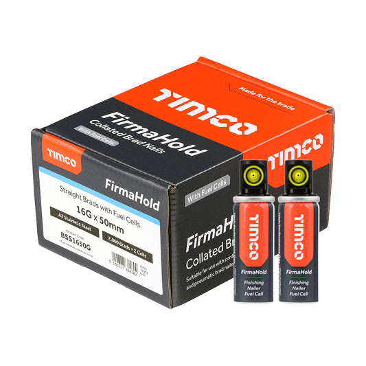 TIMCO FirmaHold Collated 16 Gauge Straight A2 Stainless Steel Brad Nails & Fuel Cells - 16g x 50/2BFC - Image