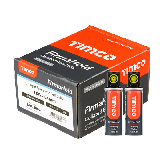 TIMCO FirmaHold Collated 16 Gauge Straight A2 Stainless Steel Brad Nails & Fuel Cells - 16g x 64/2BFC - Image