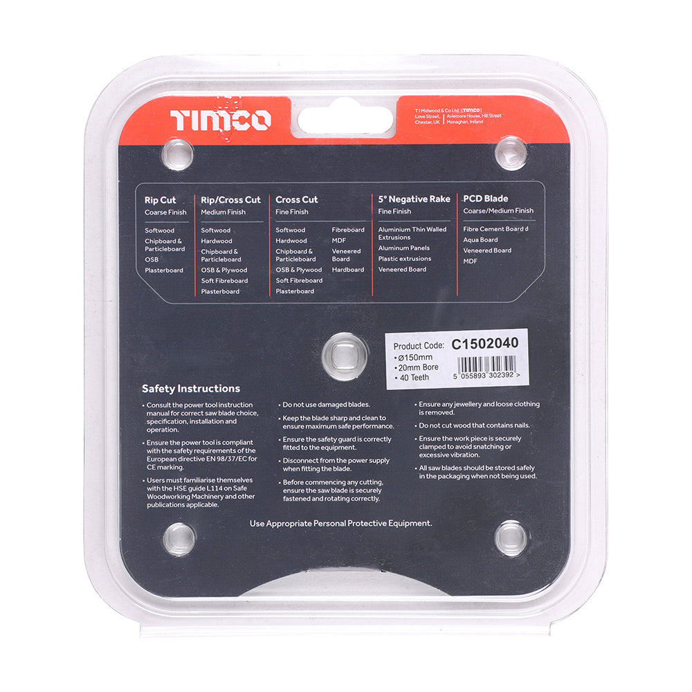 TIMCO Circular Saw Blade Trimming/Crosscut Medium/Fine - 150 x 20 x 40T - Image