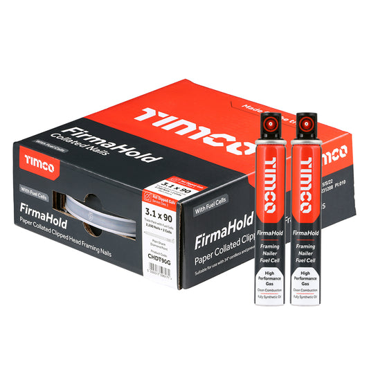 TIMCO FirmaHold Collated Clipped Head Ring Shank Hot Dipped Galvanised Nails & Fuel Cells - 3.1 x 90/2CFC - Image