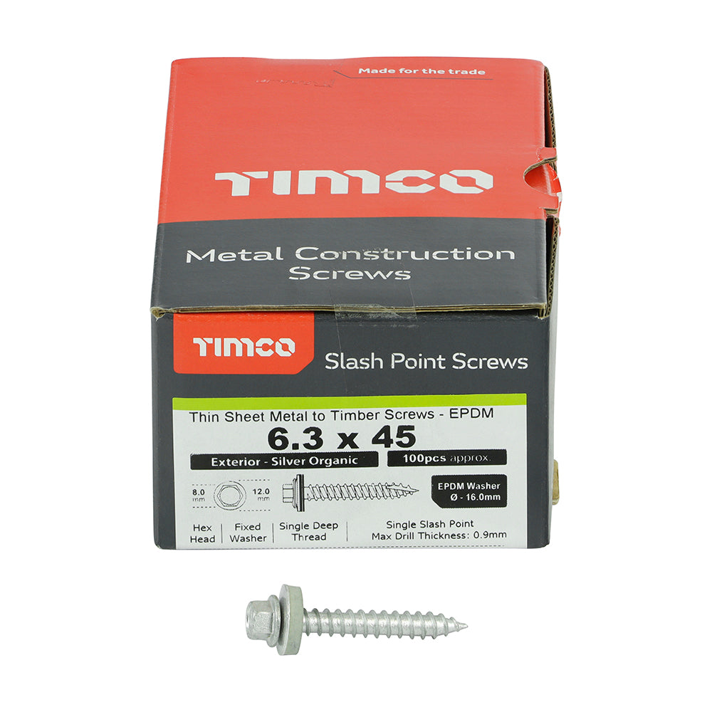 TIMCO Slash Point Sheet Metal to Timber Screws Exterior Silver with EPDM Washer - 6.3 x 45 - Image