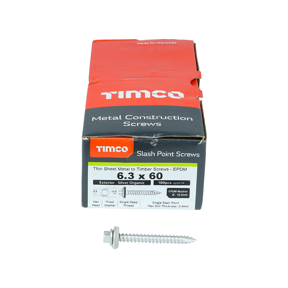 TIMCO Slash Point Sheet Metal to Timber Screws Exterior Silver with EPDM Washer - 6.3 x 60 - Image