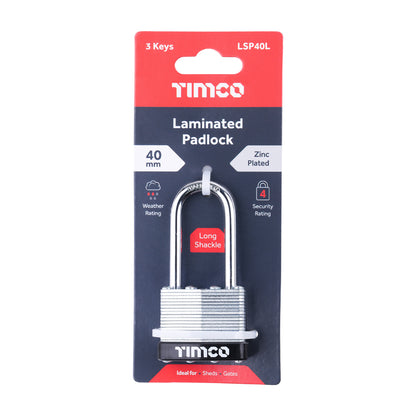 TIMCO Laminated Padlock - Long Shackle - 40mm - Image