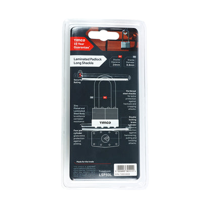 TIMCO Laminated Padlock - Long Shackle - 50mm - Image