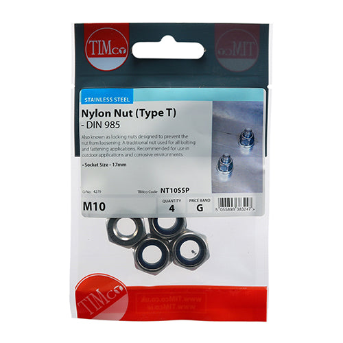 TIMCO Nylon Insert Nuts Type T DIN985 A2 Stainless Steel - M10 - Image