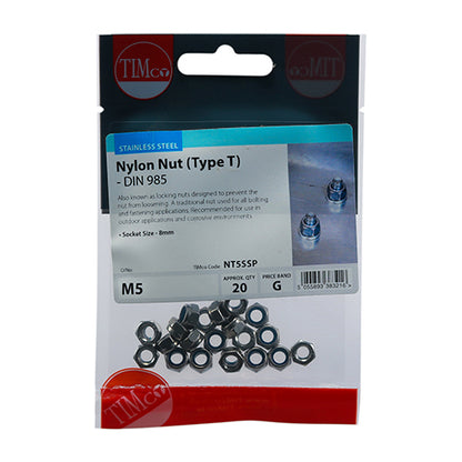 TIMCO Nylon Insert Nuts Type T DIN985 A2 Stainless Steel - M5 - Image