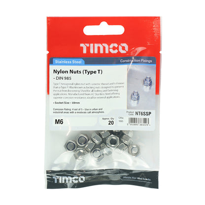 TIMCO Nylon Insert Nuts Type T DIN985 A2 Stainless Steel - M6 - Image