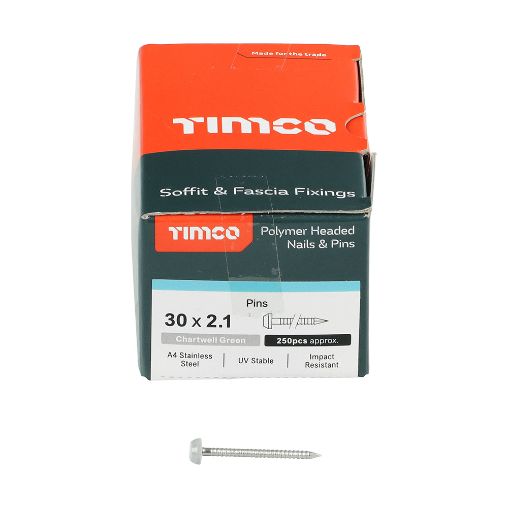TIMCO Polymer Headed Pins A4 Stainless Steel Chartwell Green - 30mm - Image
