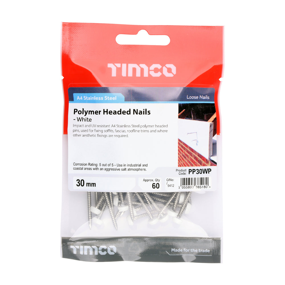 TIMCO Polymer Headed Pins A4 Stainless Steel White - 30mm - Image