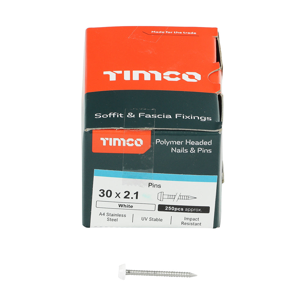 TIMCO Polymer Headed Pins A4 Stainless Steel White - 30mm - Image