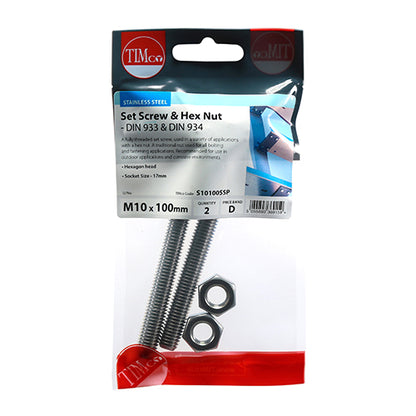 TIMCO Set Screws DIN933 Hex & Nut DIN934 Silver A2 Stainless Steel - M10 x 100 - Image