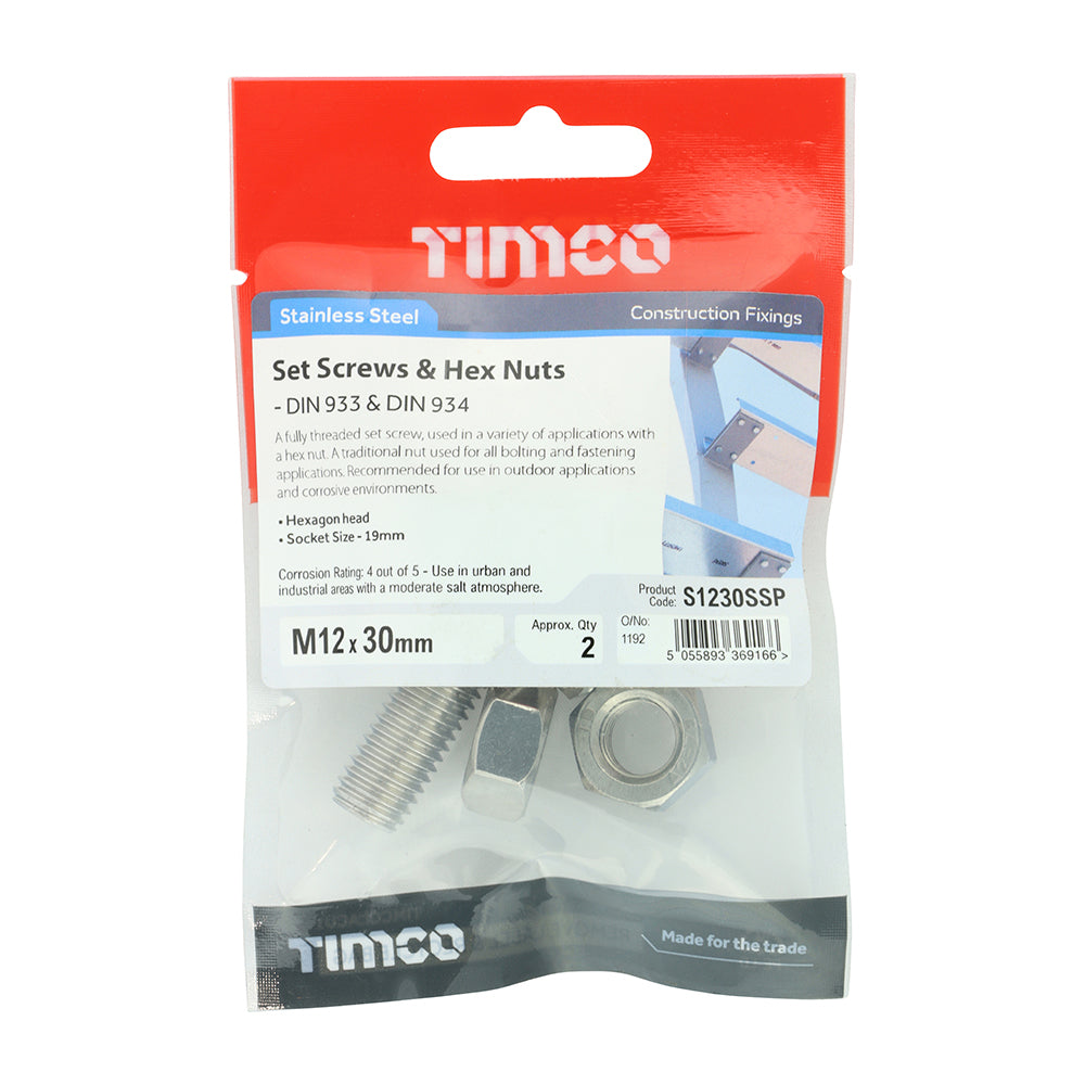 TIMCO Set Screws DIN933 Hex & Nut DIN934 Silver A2 Stainless Steel - M12 x 30 - Image