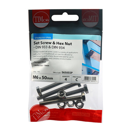 TIMCO Set Screws DIN933 Hex & Nut DIN934 Silver A2 Stainless Steel - M6 x 50 - Image