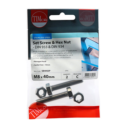 TIMCO Set Screws DIN933 Hex & Nut DIN934 Silver A2 Stainless Steel - M8 x 40 - Image
