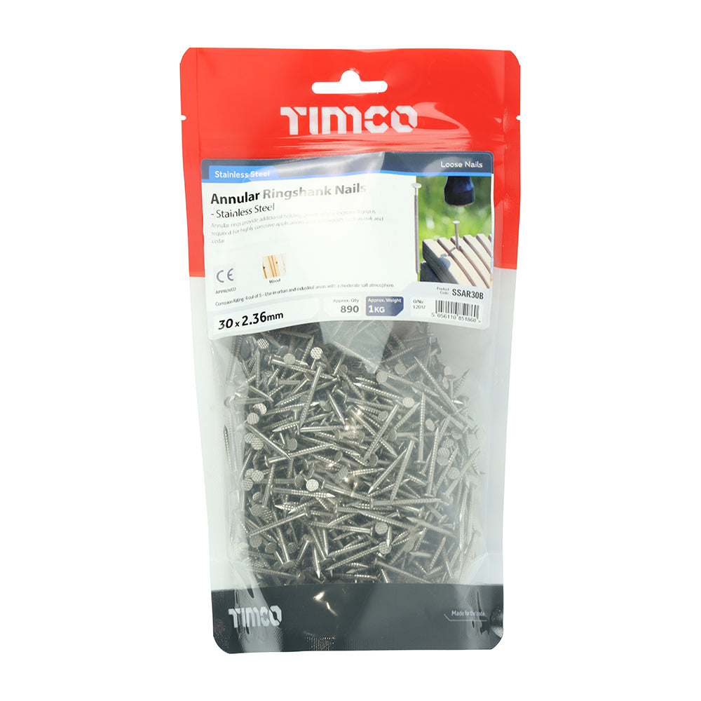 TIMCO Annular Ringshank Nails A2 Stainless Steel - 30 x 2.36 - Image