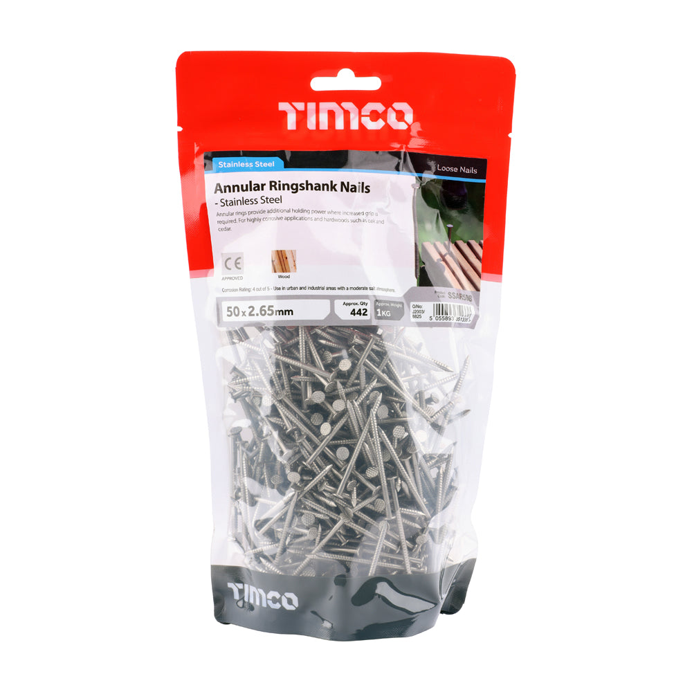TIMCO Annular Ringshank Nails A2 Stainless Steel - 50 x 2.65 - Image