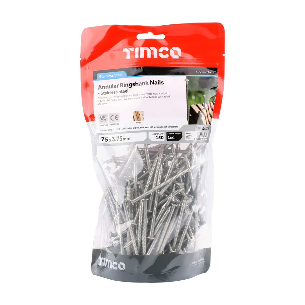 TIMCO Annular Ringshank Nails A2 Stainless Steel - 75 x 3.75 - Image