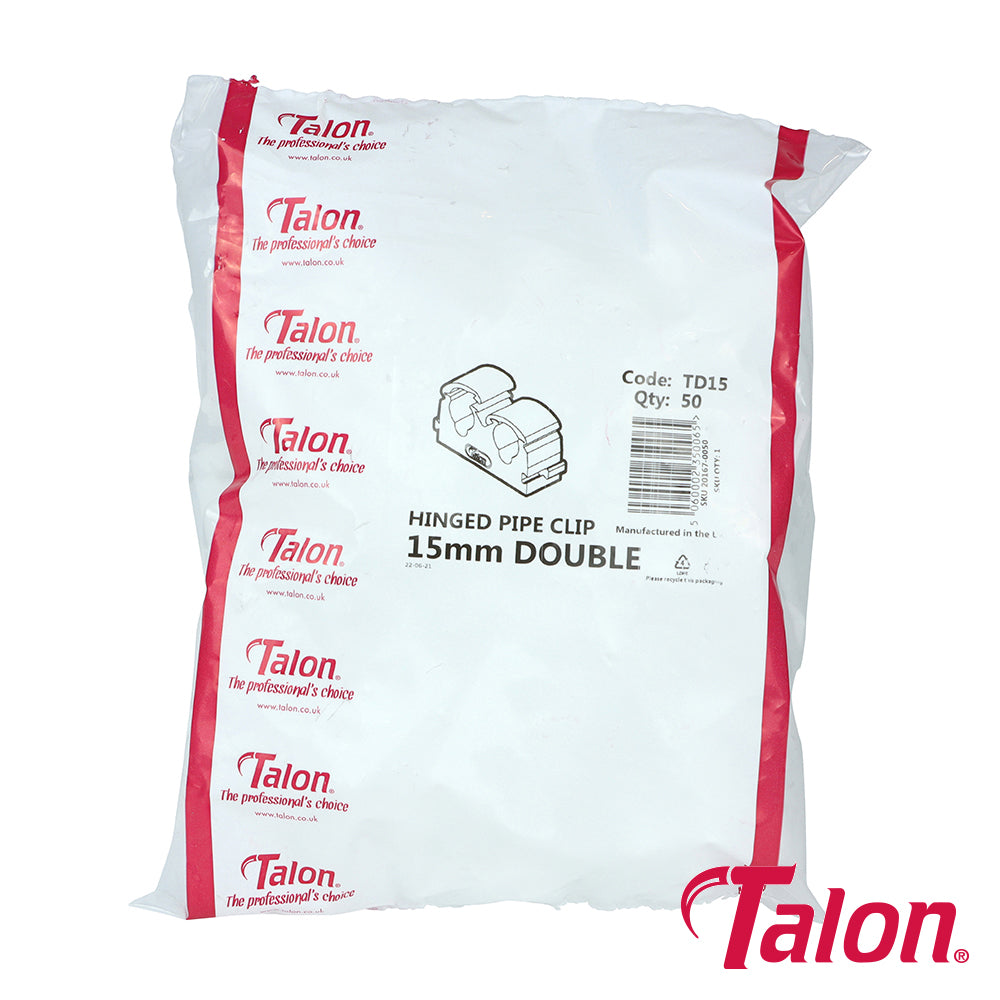 Talon Double Hinged Pipe Clips White - 15mm - Image